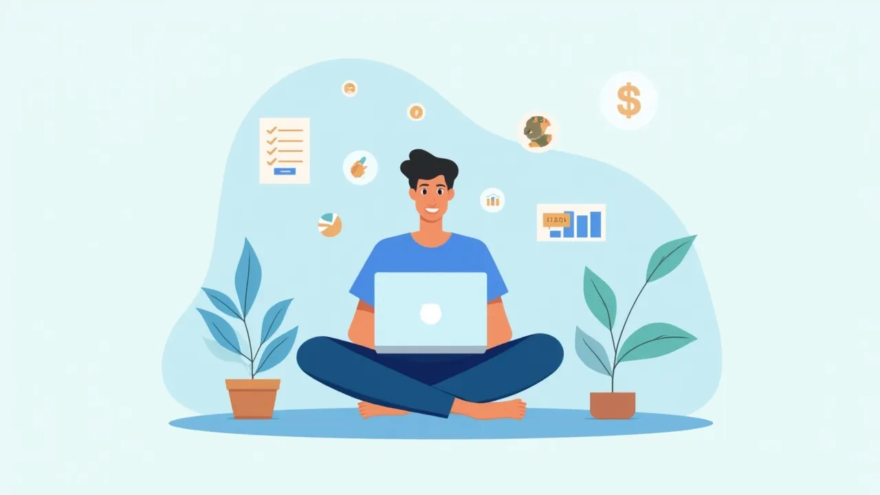 Illustration : une personne gère ses finances sur son ordinateur portable, entourée de pièces et de graphiques